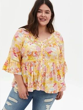 Torrid Rayon Embroidered Bell yellow Sleeve Top 1X Pre-owned